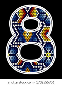 number 8 with colorful dots abstract design inspired in mexican huichol art style isolated on black background