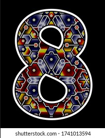 number 8 with colorful dots. Abstract design inspired in mexican huichol beaded art style. isolated on black background