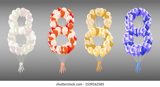 Number 8, consisting of a large number of balloons, in four color options