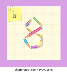 The number 8 consists of colored pencils. The number 0. Vector illustration
