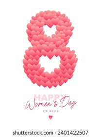 El número 8 consiste en pequeños y bonitos corazones rosas. Afiche festivo para el Día Internacional de la Mujer el 8 de marzo. Caligrafía - Feliz Día de la Mujer. Ilustración vectorial en un fondo blanco.