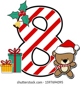 number 8 with cute teddy bear and christmas design elements isolated on white background. can be used for holiday season card, nursery decoration or christmas celebration invitation