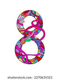 Number 8 decorated doodle pattern. Happy International Womens Day.