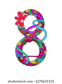 Number 8 decorated doodle pattern. Happy International Womens Day.