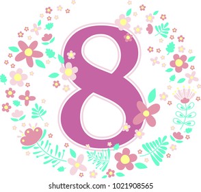 number 8 with decorative flowers and design elements isolated on white background. can be used for baby girl birth,age,birthday, nursery decoration, spring themes or anniversary invitation