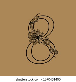 Number 8. Decorative font with floral ornaments from maple lionfish. Ecological typography
