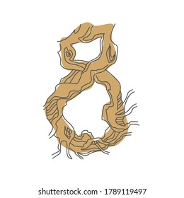 Number 8. Decorative font from tree roots. Environmental design. Nature typography