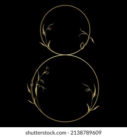 Number 8. Digit eight. Botanical digit. Beautiful floral font with delicate leaves or branches of grass. Golden glossy silhouette on black background. Isolated vector illustration.