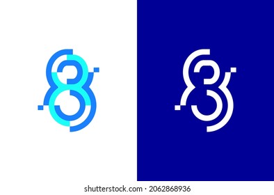 Digitales Logo Nummer 8. Numbers Design mit Technologiekonzept. Linienlogo und Pixel