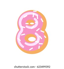 Number 8 donut. Doughnut font. Sweet alphabet. candy lettering. food ABC sign
