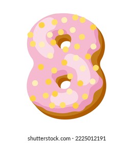 Number 8 in donut font vector illustration. Design of number from chocolate donut or cookie with icing. Food, dessert, typography concept for bakery or cafe