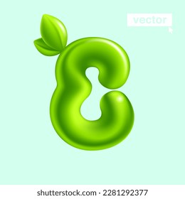 Nummer 8 des Umweltzeichens. Acht Schilder mit grünen Blättern. 3D realistisch und Cartoon Ballon Stil. Glossige Vektorgrafik. Perfekt für Agrarkontroller, lebendige Werbung, Abfallrecyclingkunst, gesunde Lebensmittel.