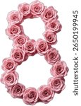 The number "8" eight is artistically crafted from a charming arrangement of light pink roses, forming a visually appealing floral numeral against a stark white background.