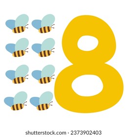 Number 8. Eight bees. Study for kids. Vector hand drawn design. Illustration on white background.