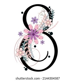 Number 8 (EIGHT) birthday celebration anniversary. 8 NUMBER with flowers and leaves. Decoration floral Illustration numbers EIGHT ornaments