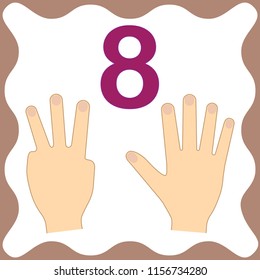 Number 8 (eight), educational card, learning counting with fingers of hand, mathematics. Vector illustration.
