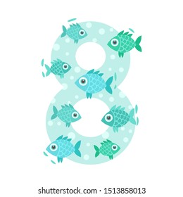 Number 8 and eight fish. Vector illustration on a white background.