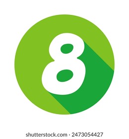 Número 8 Icono de ocho Ilustraciones vectoriales, diseño plano con sombra larga, forma de círculo verde
