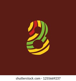 Number 8 eight logo on dark background with bright colors, African culture, safari decoration
