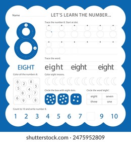 The number 8 (eight) is represented by a number and numeral. It's the natural number that comes after 7 and before 9.