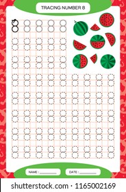 Number 8. Eight . Tracing Worksheet for kids. . Watermelon. Preschool worksheet, practicing motor skills - tracing dashed lines. A4 red. Grid.
