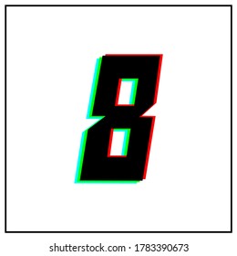 Number 8, eight vector desing logo.Dynamic, split-color, shadow of  number red, green, blue in black frame on white background.For social media,design elements, anniversary celebration greeting