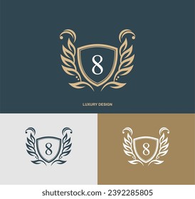 
Number 8 emblem logo vector design with leaf decoration in luxury and elegant style. graceful monogram number, typography number 8. birthday logo. logo number. 8nd anniversary.