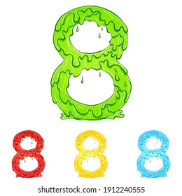 Number 8 with flow drops and goo splash. Color illustration of the symbol eight in four colors green, red, yellow, blue. Dripping liquid. Vector font in hand drawn style isolated on white background.