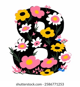 Number 8 with flowers and butterflies on a white background. Vector illustration. Happy Women's Day.