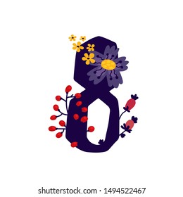 Number 8 in flowers and plants. Vector. Number in decorative elements for inscriptions. Company logo. Poster or monogram. Health and beauty. Eco products. Flower shop.