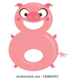 Number 8 funny cartoon smiling pink pig