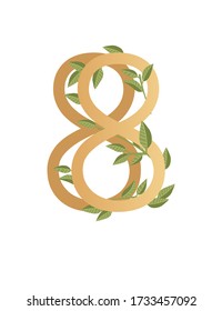 Number 8 with gradient style beige color covered with green leaves eco font flat vector illustration isolated on white background