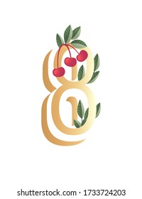 Number 8 with gradient style beige color covered with green leaves and red berries eco font flat vector illustration isolated on white background