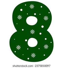 number 8 green color snowflake pattern, flat design, christmas decoration, vector illustration