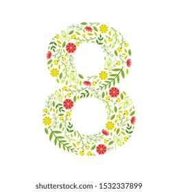 Number 8, Green Floral Number Made of Leaves and Flowers Pattern Vector Illustration