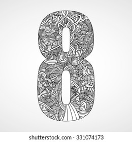 Number "8" with hand drawn abstract doodle pattern.