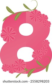 Number 8. Happy Women's Day. International Women's Day pink background. Vector illustration. Eight for greeting card, flyer or brochure template