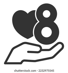 Number 8 with a heart in the palm of your hand - icon, illustration on white background, glyph style