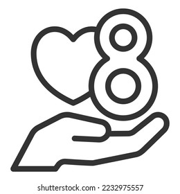 Number 8 with a heart in the palm of your hand - icon, illustration on white background, outline style