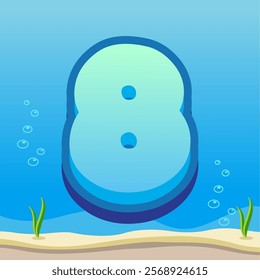 Number 8 Illustration with Gradient Blue Background, Bubbles, and Ocean Floor Details Featuring Sand and Seaweed