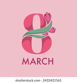 Number 8 intertwined with a flower, flat design vector illustration, isolated on pink, for March events like women's day.