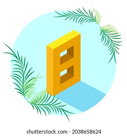 The number 8 is isometric style with a shadow in a blue circle, decorated with tropical leaves. The concept of summer and sea holidays, beach, holiday