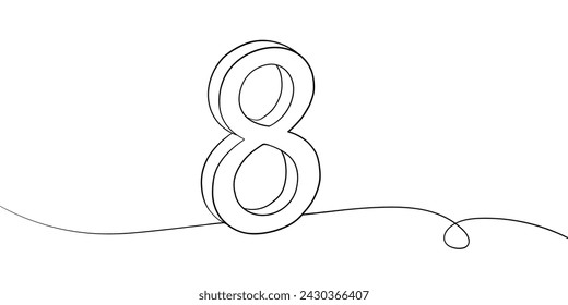 Número 8 dibujo de arte de línea sobre fondo blanco. Contorno de dibujo continuo de 8° cumpleaños. Ilustración vectorial mínima