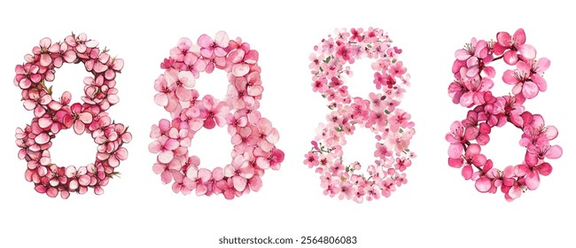 Number 8 lined with pink flower petals png. International Women's Day. Watercolor elements from watercolor flowers. Spring and women's holiday concept. Vector illustration