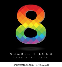 Number 8 Logo Design Concept in Rainbow Mosaic Pattern Fill and Black Background