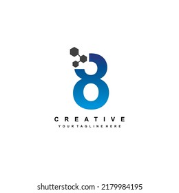Diseño del logo número 8 con un estilo elegante y lujoso. Formas geométricas azules con puntos de píxeles hexagonales. adecuado para logotipo comercial, tecnología, empresa. Elementos de plantilla de logotipo. diseño de número