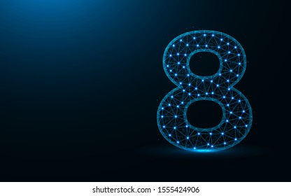 Number 8 low poly design, mathematics abstract geometric image, eight wireframe mesh polygonal vector illustration made from points and lines on dark blue background