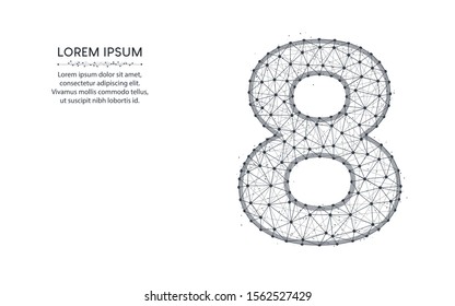 Number 8 low poly design, mathematics abstract geometric image, eight wireframe mesh polygonal vector illustration made from points and lines on white background