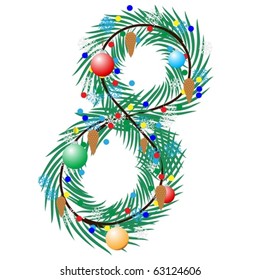 Number - 8. Made of a Christmas tree with festive decorations. Isolated on white