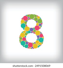 Number 8 made of creative colored dots or filled with circles. Creative fonts with unique Numbers and symbols. Vector illustration.